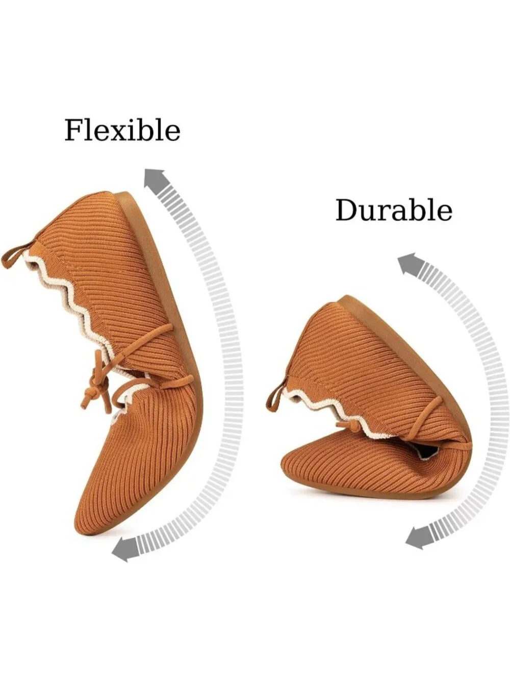 Women's Tan Rubber Knitted Slip On Pointed Toe with Ruffled Vamp Elastic Flats
